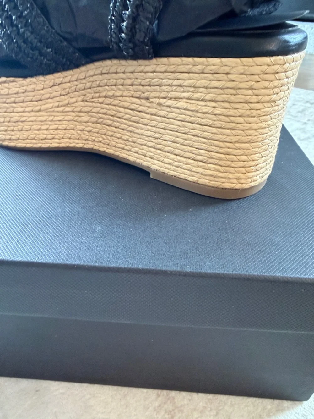 Marc Fisher Payley Black Woven Espadrille Wedge Sandal with Natural Platform